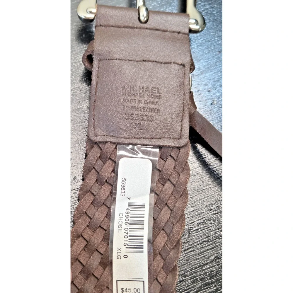 NWT Women's Michael Kors Brown Braided Leather‎ Belt Silver Accents Size XL 45
